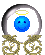 Two pixelated spherical icons in glass domes with ornate golden bases, one blue with a yellow halo and smile, the other red with dark horns and a grin.