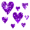 Pixelated purple hearts with white outlines in various sizes on a gray background, no visible animation changes.