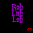 Purple 'Rap Lab' text in vertical stacked letters with red heart symbols on black background, arranged in pattern with gray rectangle at bottom-right