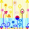 Pixelated floral pattern with yellow, pink, blue, and orange flowers on striped background, blue water-like section at bottom.