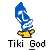 Static pixel art icon of a blue feather on a yellow base with "Tiki God" text below, rendered in low-resolution 8-bit style against gray background.