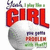 Red 'GIRL' text above a white sphere with blue, red, and green text below it on a white background.