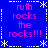 Blue background with repeated pink text 'ruth rocks the rocks!!!' in four quadrants, bordered by white dashed lines and star-like symbols.