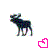 Pixelated dog icon with multicolored fur on white background, adjacent to neon pink heart and 'Moose Power!!' text over purple-blue patterned backdrop.