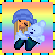 Pixel art animation of a character with blonde hair and blue beanie holding a light blue teddy bear against a rainbow gradient background, displayed in a 2x2 contact sheet layout with three visible frames showing subtle pose differences.