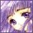 A pixelated anime-style character face with purple hair and a black background featuring white text elements.