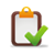 Pixelated clipboard with brown frame, orange clip, white paper, and green checkmark on gray background
