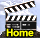 A pixelated clapperboard icon with black-and-white striped top halves, dark lower sections, and yellow 'Home' text below against a light blue background.