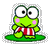 Two side-by-side animated frames of a green cartoon frog character with large white eyes, pink cheeks, and red-and-white striped shorts standing on a green base against a gray background.