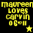 Yellow text on black and yellow backgrounds with star symbols, displaying 'maureen loves carvin 06' and a heart symbol.