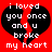 Red background with black broken heart shape containing white pixelated text reading 'i loved you once and u broke my heart' in two identical frames.