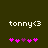 Pixelated text 'tonny<3' in white on dark green background with pink and purple heart symbols below.