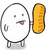A white egg-shaped character with small black eyes, a pink mouth, and a curved arm holds a golden coin-like object, standing on two thin legs.
