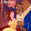 Animated scene of Belle and the Beast dancing in a ballroom with text fragments 'I Believe', 'In a thing', 'Called', and 'LOVE' appearing sequentially.