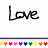 A static image shows the word 'Love' in black handwritten script on a white dotted background, with two of colorful heart icons below