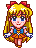 Pixel art character with blonde hair, blue eyes, red bow, and orange-blue outfit in six distinct poses showing varied facial expressions.