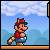 Pixelated Mario character walks across a platform with question blocks and green bushes against blue sky background.