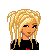 Pixel art avatar of a blonde character in black t-shirt with red symbol, gray skirt, and white pants with black shoes, shown in multiple views.