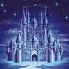 A pixelated castle with multiple spires under a starry night sky, rendered in blue and purple tones with a glowing pathway leading to its entrance.