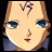 Pixelated anime-style face with light skin, blue eyes, and a small mouth, next to stylized text on a black background.