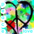 Pixelated icon with abstract green, blue, pink, and red shapes forming a stylized figure with a black outline, set against a white background with light blue square patterns.