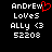 Pixelated text displays 'AnDrEW Loves ALLy <3 52208' with a red heart symbol replacing the letter W in AnDrEW on one side of a split-screen view.