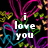 Pixelated icon with white text 'i love you' centered over a black background with colorful abstract lines in pink, green, blue, and yellow.