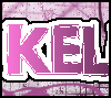 Pixelated pink and purple text 'KEL' with white outline on a pixelated background featuring abstract shapes.