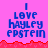 Pixelated text on pink background with red jagged border; blue letters spell 'I LOVE HAYLEY EPSTEIN' in stacked arrangement.