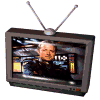 Six retro-style television sets with antenna displays showing different scenes from a science fiction series, including characters in uniforms and spacecraft.