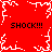 Red background with white pixelated shockwave patterns and four instances of 'SHOCK!!!' text in black.