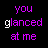 A static digital image with purple and white pixelated text on a black background, displaying repeated phrases about glancing across a room and biting lips.