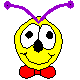 Yellow circular cartoon character with purple antennae, red bow tie, and changing eye expressions on gray background.