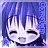 Pixelated anime-style icon with blue hair, closed eyes, and a smiling mouth against a gradient background.