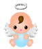 Pixelated angel baby icon with white halo, brown hair tuft, black eyes, pink lips, light blue onesie, and white wings on gray background.