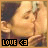 A 4x4 contact sheet of a 16-frame animated icon showing a person kissing with repeated "LOVE <=" text and heart symbols in the bottom-right frames.