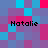 Pixelated of blue, purple, and pink squares with four instances of the text 'Natalie' in black pixel font