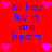 Red background with blue text reading 'All hav luv in are hearts' surrounded by pink heart icons.