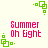 Pixelated green square icons with dots and pink text reading 'Summer Oh Eight' on a light background.
