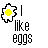 Pixelated flower icon with yellow center and black outline next to text reading 'I like eggs' in blocky font.