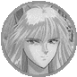 Two circular grayscale anime-style portraits side-by-side, each with distinct character features and hair styles.