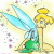 Pixelated cartoon fairy with blonde hair in a bun, blue wings, green dress, and yellow background with purple sparkles.