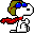 Pixel art character with white body, blue sunglasses, green hair with red accents, and red scarf in two poses against gray background.