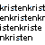 A static digital image displays repeated text 'kristen' in black and blue pixelated font across multiple lines with a single blue heart symbol at the bottom right.