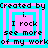 Pixelated text and nested squares in cyan and pink with 'Created by i. I Rock see more of my work' repeated across four