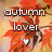 Pixelated autumn-themed icon with orange and brown leaves, white text reading 'autumn lover', and a small heart symbol.