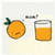 Pixelated orange fruit with green stem and smiling face next to glass of orange liquid, all on light background.