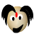 Pixelated cartoon face with black pigtails, red vertical mark on forehead, white eyes with black pupils, and a wide black smile on a gray background.