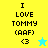 Yellow and cyan background split with text "I LOVE TOMMY (AAF) <3" on yellow, green, and cyan sections; blue star icon appears in top-right corner of yellow section.