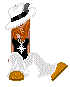 Pixelated avatar of a figure with long brown hair wearing a white hat with black band, black top with white cross, white pants, and brown shoes, shown in two poses against gray background.